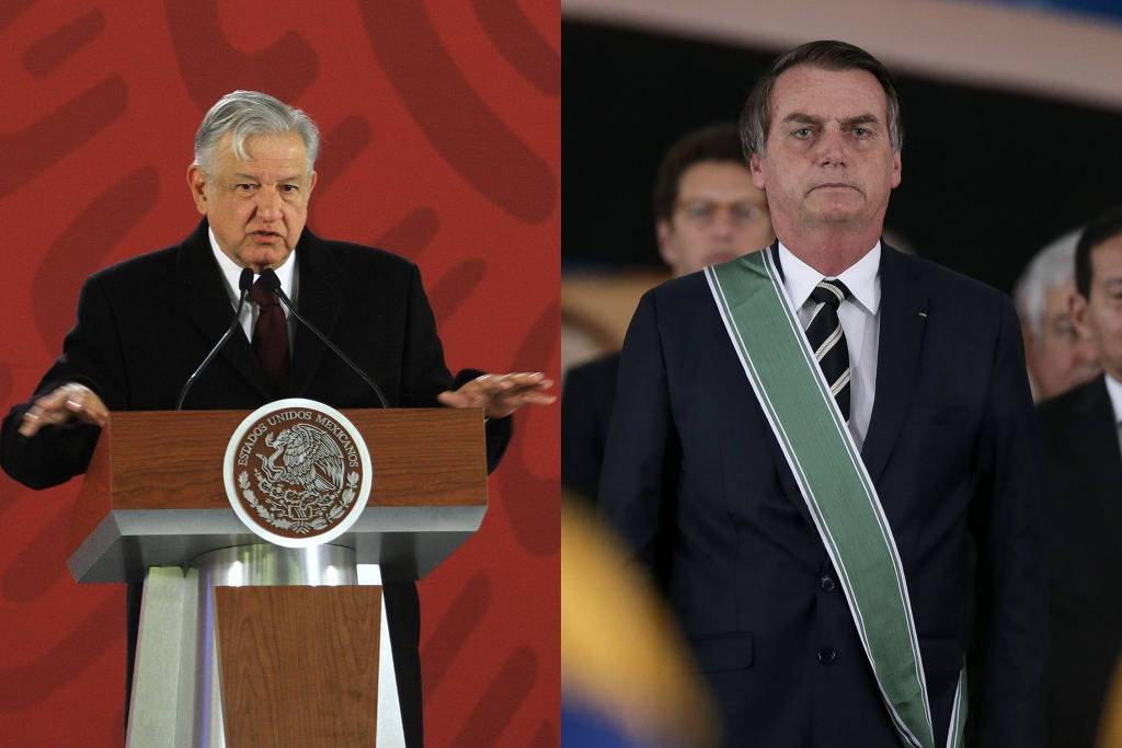 Montagem com fotos dos presidentes Andrés Manuel López Obrador (à esq.), do México, e Jair Bolsonaro, do Brasil