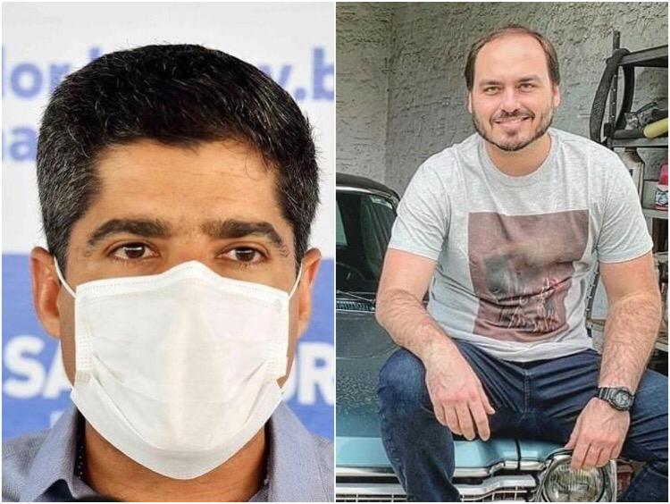 Na imagem, o prefeito ACM Neto à esquerda e o vereador Carlos Bolsonaro à direita
