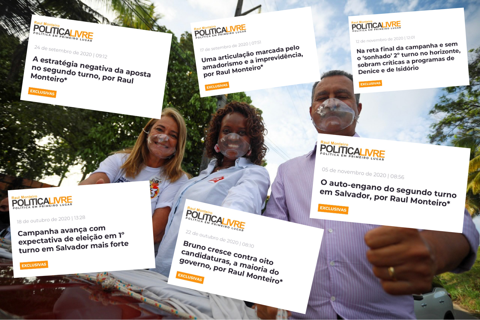 Montagem com manchetes publicadas pelo Política Livre analisando a sucessão sobre foto da candidata do PT, sua vice e seu patrono, o governador Rui Costa, que perderam a eleição Montagem com manchetes publicadas pelo Política Livre analisando a sucessão sobre foto da candidata do PT, sua vice e seu patrono, o governador Rui Costa, que perderam a eleição