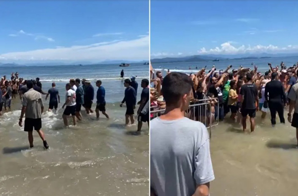 O presidente Jair Bolsonaro (no centro da foto à esq.) se encontrou com apoiadores em São Francisco do Sul, onde passa o carnaval