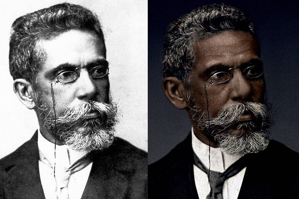 Foto da campanha Machado de Assis Real, com imagem colorizada que representa o autor como negro e a original do lado esquerdo