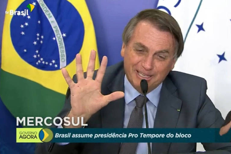 O presidente Jair Bolsonaro (sem partido) durante a reunião do Mercosul; mandatário falou sobre a rivalidade de Brasil e Argentina no futebol