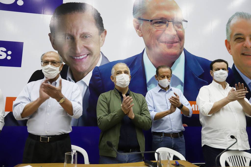 Da esq. para a dir., Alckmin, França, Skaf e Kassab durante evento em Cajamar