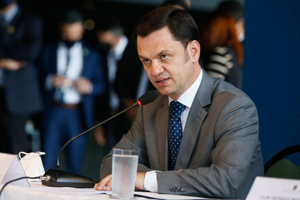 O ministro da Justiça, Anderson Torres, durante discurso em cerimônia no ministério