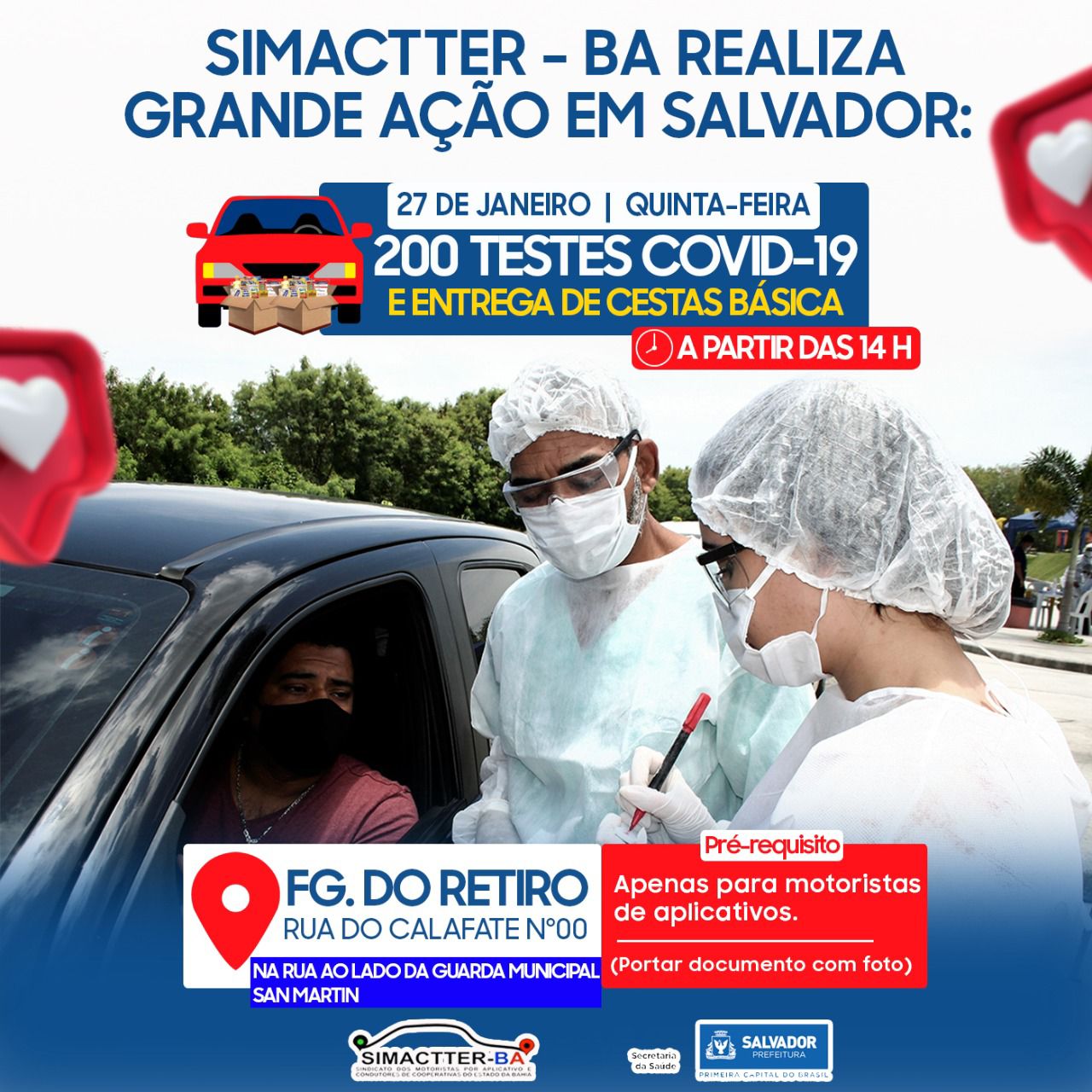 Mobilização oferta testagem contra a Covid-19 para motoristas por aplicativo de Salvador nesta quinta-feira (27) 