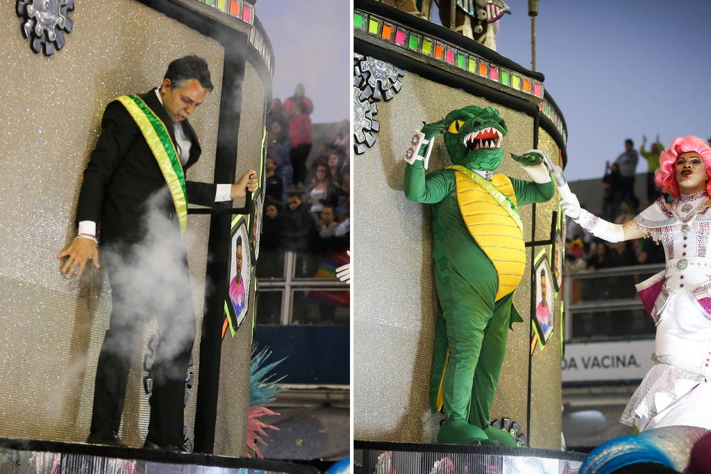 No último carro alegórico da Rosas de Ouro, uma pessoa fantasiada de Bolsonaro virou jacaré