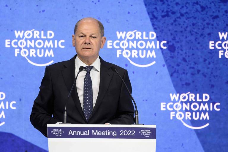 O primeiro-ministro da Alemanha, Olaf Scholz, durante discurso no Fórum Econômico Mundial, em Davos