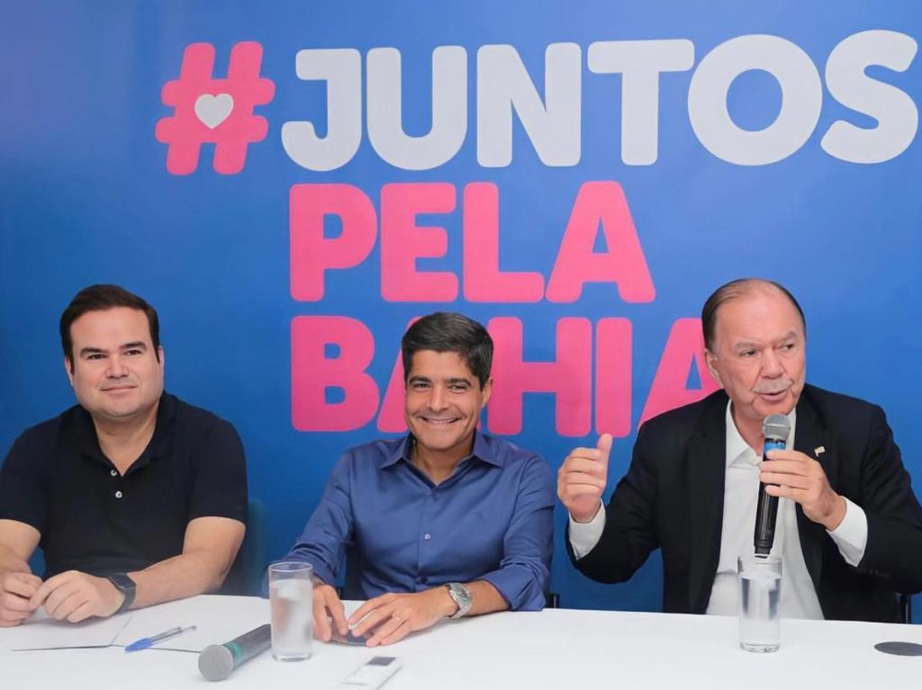 Cacá Leão, ACM Neto e João Leão concedem entrevista coletiva para anunciar que Cacá será candidato ao Senado