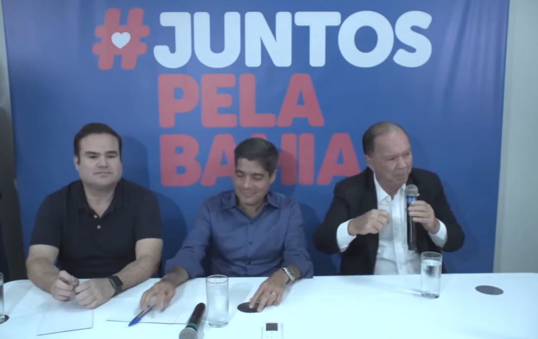 Cacá Leão, ACM Neto e João Leão concedem entrevista coletiva para anunciar que Cacá será pré-candidato ao Senado em substituição ao pai