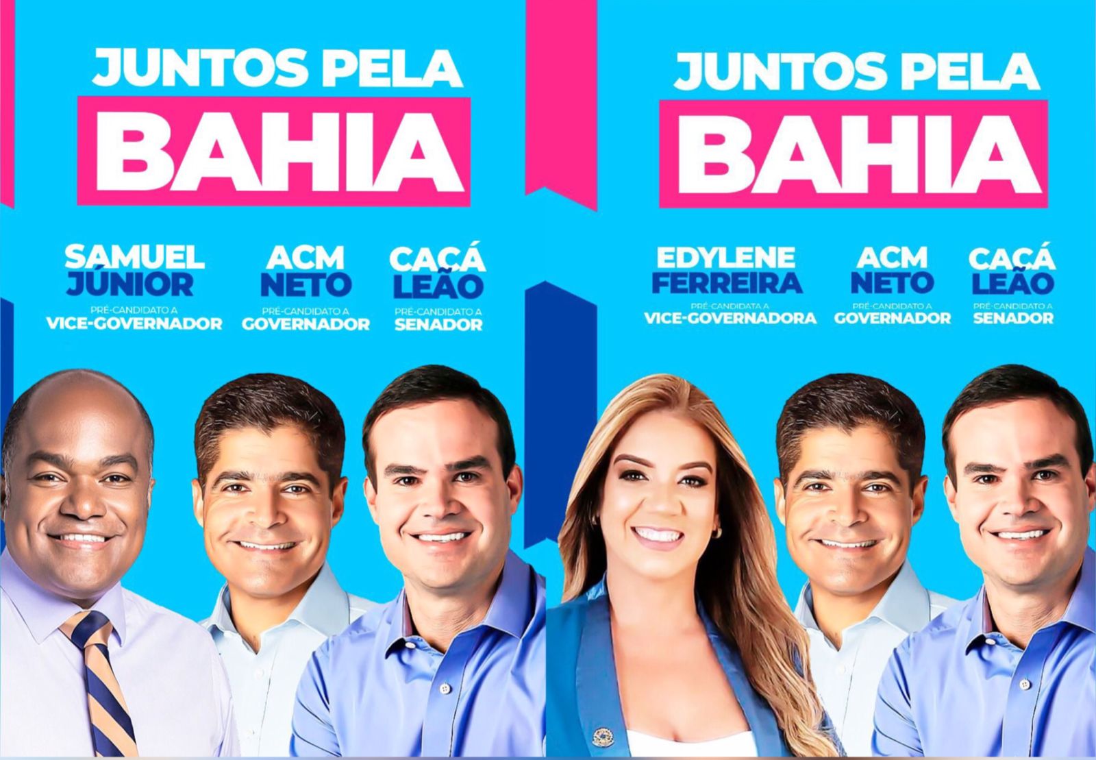 Aqui postos juntos, cards com as imagens da vereadora de Serrinha e do deputado na chapa de Neto e Cacá trazem o mesmo layout Aqui postos juntos, cards com as imagens da vereadora de Serrinha e do deputado na chapa de Neto e Cacá trazem o mesmo layout
