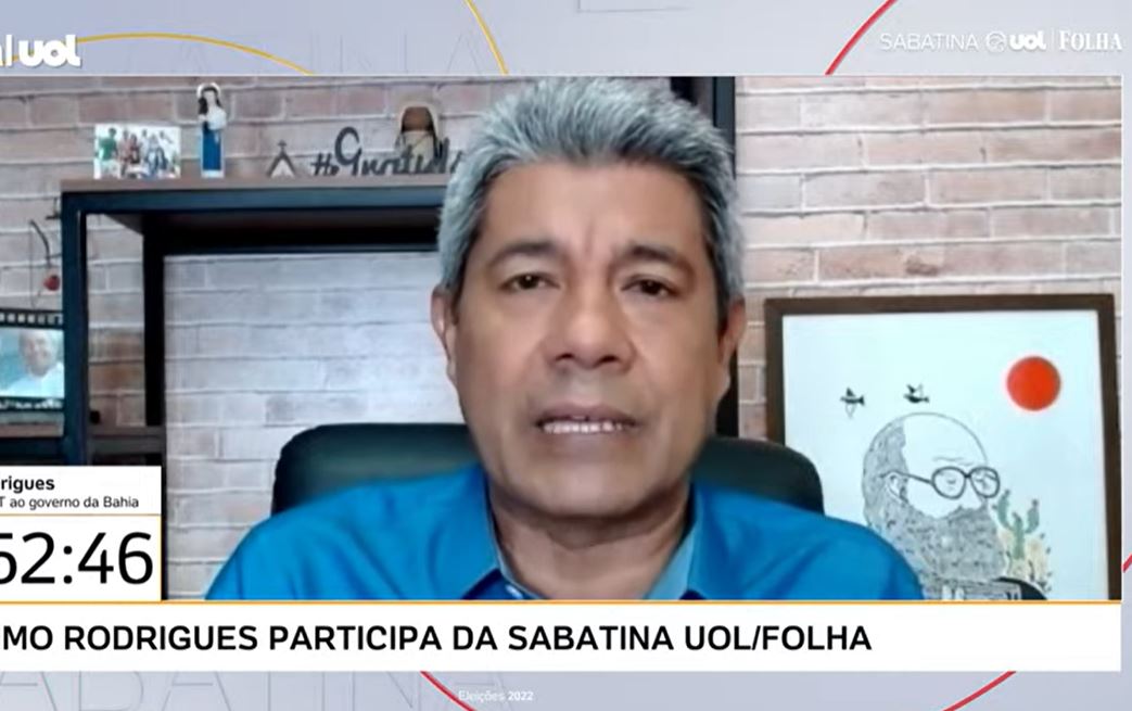 Jerônimo Rodrigues (PT), durante sabatina do UOL/Folha de São Paulo, nesta sexta-feira (27)