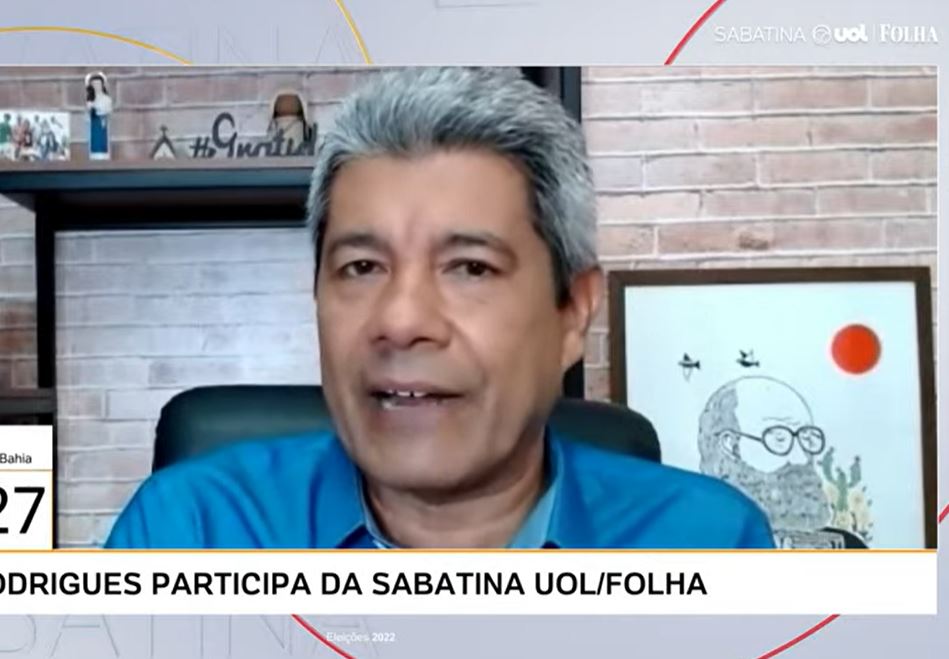 Jerônimo Rodrigues (PT), durante sabatina do UOL/Folha de São Paulo, nesta sexta-feira (27) Jerônimo Rodrigues (PT), durante sabatina do UOL/Folha de São Paulo, nesta sexta-feira (27)