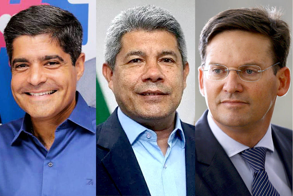 Montagem com candidatos ao Governo da Bahia ACM Neto (União Brasil), Jerônimo Rodrigues (PT0 e João Roma (PL)