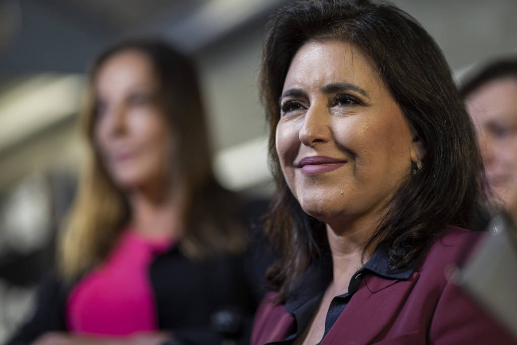 Simone Tebet (MDB) chega ao primeiro debate entre presidenciáveis, em São Paulo