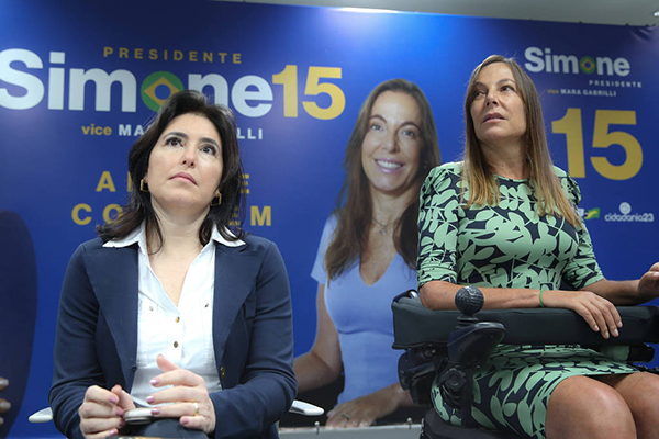 Simone Tebet (MDB) durante evento que anunciou Mara Gabrilli (PSDB-SP) como sua vice