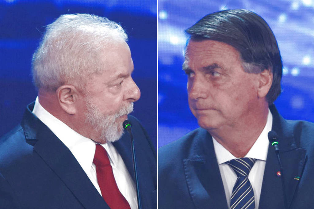 O ex-presidente Lula (PT) e o presidente Jair Bolsonaro (PL) em debate na TV