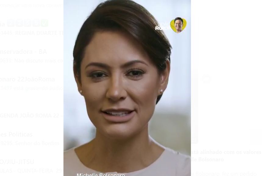 Primeira-dama Michelle Bolsonaro pede voto para João Roma em vídeo