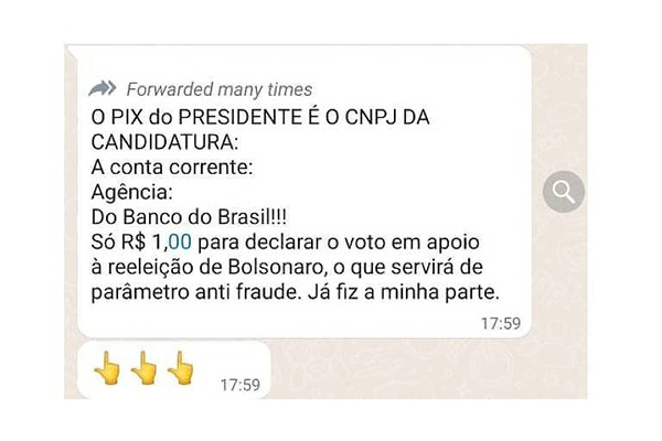 Mensagem de bolsonarista incentivando doações de R$ 1 para a campanha do presidente