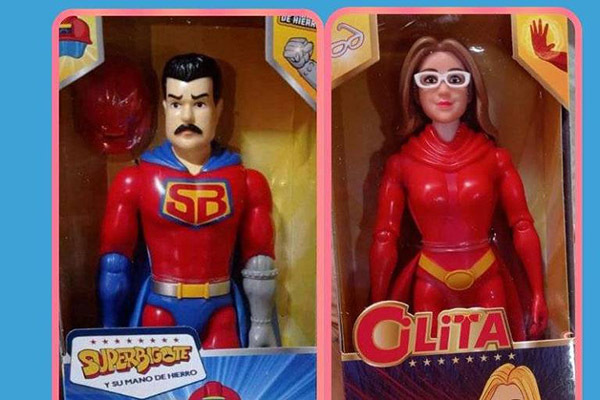 Bonecos Súper Bigote (Super Bigode) e Cilita, inspirados em Nicolás Maduro e na primeira-dama, Cilia Flores