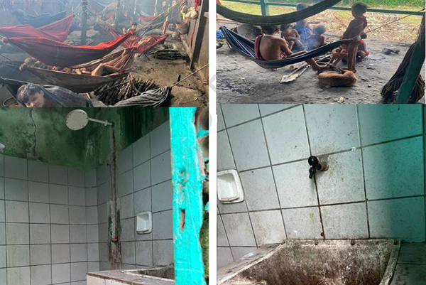 Imagens do polo base de Surucucu, na Terra Indígena Yanomami, com banheiro com ducha e pia em estado precário Imagens do polo base de Surucucu, na Terra Indígena Yanomami, com banheiro com ducha e pia em estado precário