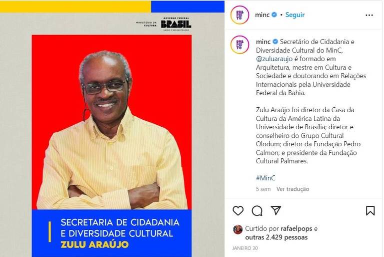 Ministério diz que Zulu Araújo não está exercendo funções no ministério