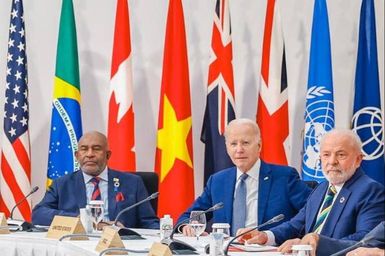 O presidente Lula com o presidente americano Joe Biden e Azali Assoum, presidente de Comores e da União Africana