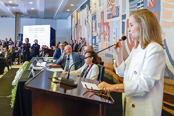 A pecuarista e socióloga Teresa Vendramini discursa na sessão inaugural do Conselho de Desenvolvimento Econômico Social Sustentável