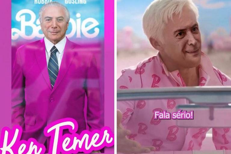 Ex-mandatário do Brasil aparece caracterizado como 'Ken Temer', de paletó rosa