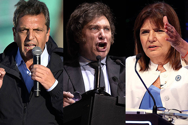 O peronista Sergio Massa, o ultraliberal Javier Milei e a macrista Patricia Bullrich, candidatos à presidência da Argentina O peronista Sergio Massa, o ultraliberal Javier Milei e a macrista Patricia Bullrich, candidatos à presidência da Argentina