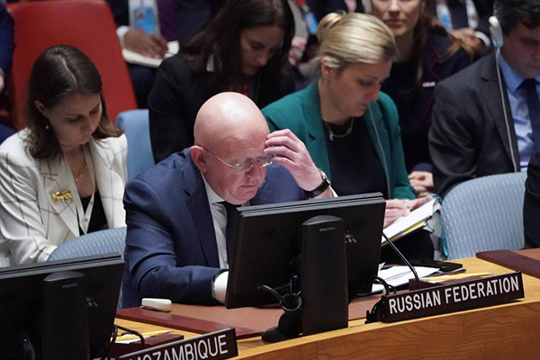 O embaixador da Rússia nas Nações Unidas, Vassili Nebenzia, durante reunião do Conselho de Segurança da ONU O embaixador da Rússia nas Nações Unidas, Vassili Nebenzia, durante reunião do Conselho de Segurança da ONU