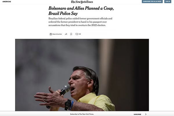 Jornal The New York Times repercute operação contra o ex-presidente Jair Bolsonaro (PL) Jornal The New York Times repercute operação contra o ex-presidente Jair Bolsonaro (PL)