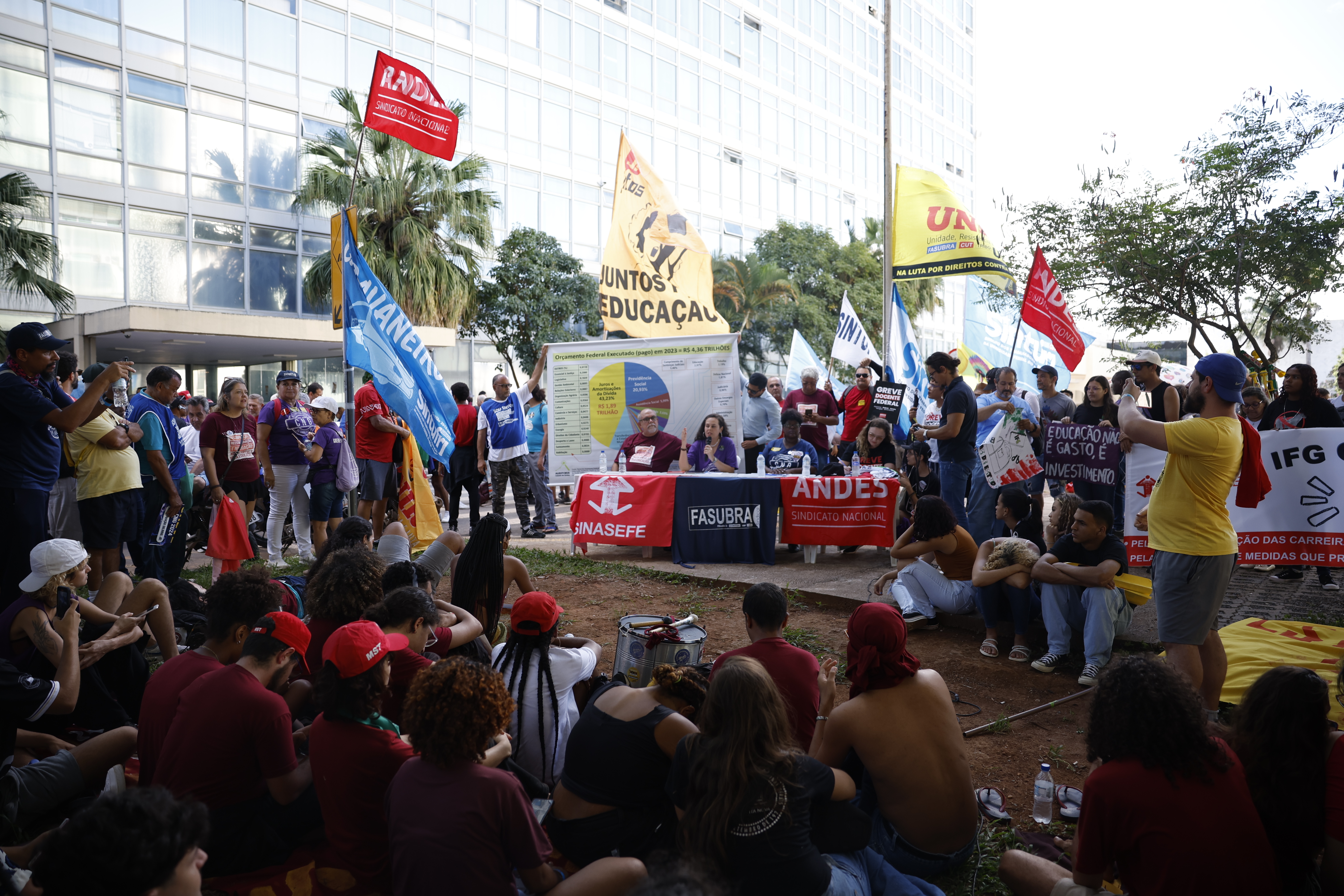 Servidores federais da educação e estudantes fazem 'aulão' em frente à sede do MEC (Ministério da Educação), em Brasília Servidores federais da educação e estudantes fazem 'aulão' em frente à sede do MEC (Ministério da Educação), em Brasília