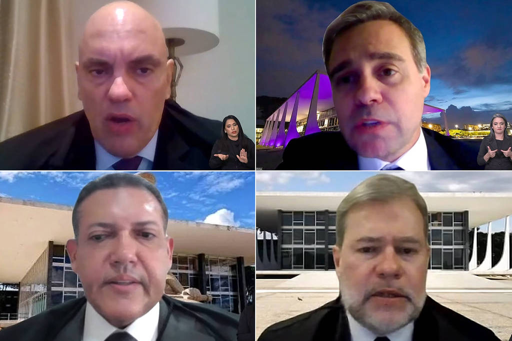 Ministros Moraes, Mendonça, Kassio e Toffoli votam de maneira remota durante sessão do plenário no último dia 25, quando foi julgado o poder de investigação criminal do Ministério Público 