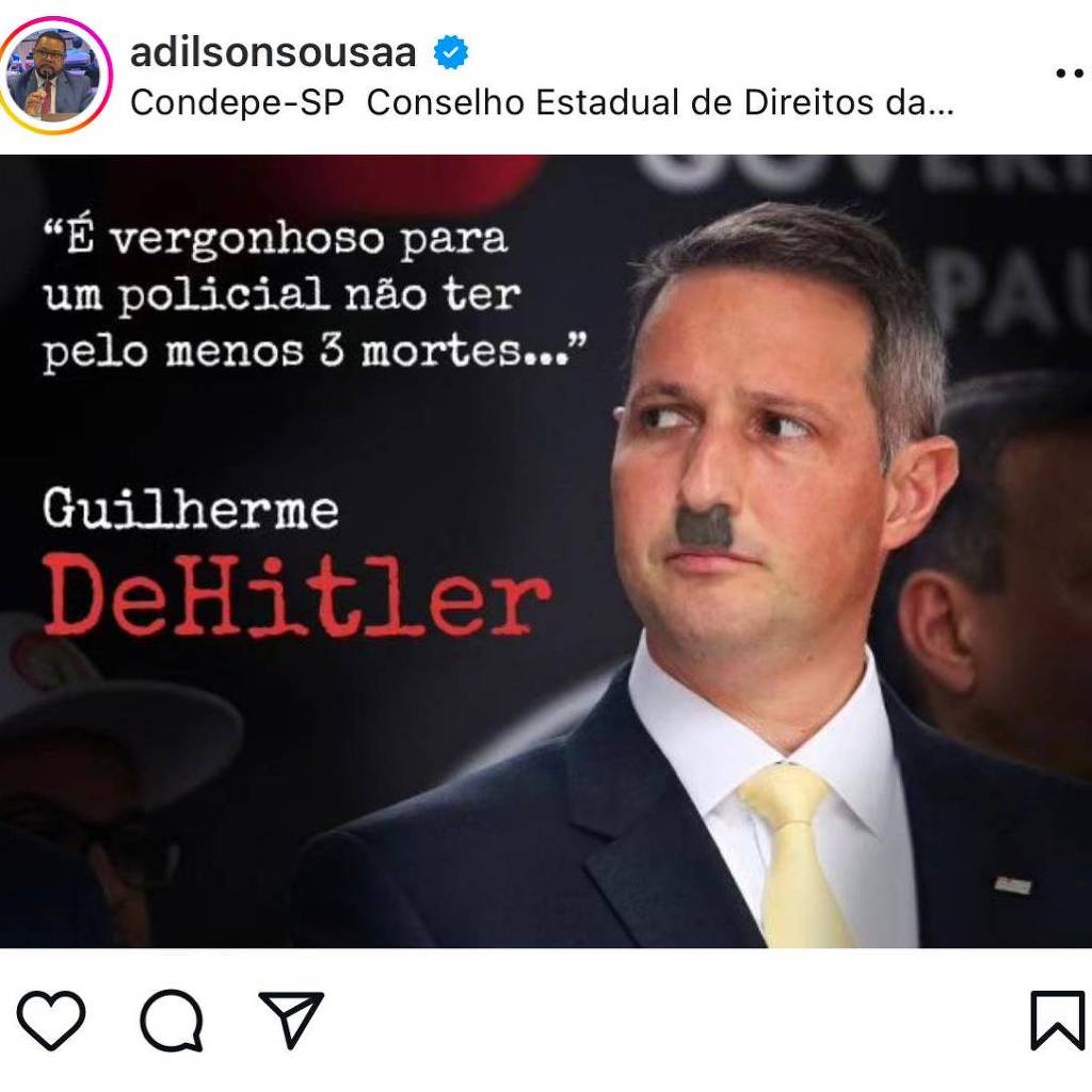 Postagem do presidente do Condepe, Adilson Santiago, em que compara o secretário Guilherme Derrite a Adolf Hitler Postagem do presidente do Condepe, Adilson Santiago, em que compara o secretário Guilherme Derrite a Adolf Hitler