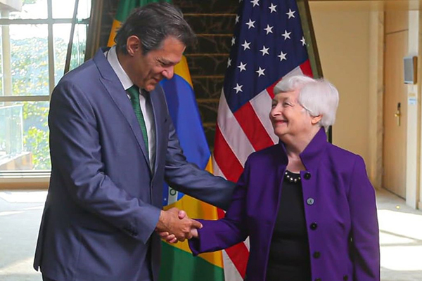 Secretária do Tesouro dos Estados Unidos, Janet Yellen, se reuniu com o ministro Fernando Haddad (Fazenda) no Rio de Janeiro