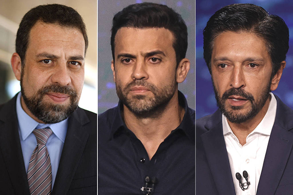 O deputado federal Guilherme Boulos (PSOL), o influenciador Pablo Marçal (PRTB) e o prefeito Ricardo Nunes (MDB), candidatos à Prefeitura de São Paulo 