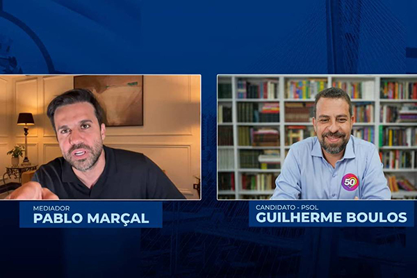 Pablo Marçal durante sabatina com Guilherme Boulos Pablo Marçal durante sabatina com Guilherme Boulos