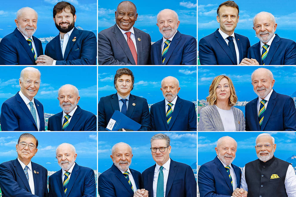 No sentido horário, Lula com líderes de Chile, África do Sul, França, Itália, Índia, Reino Unido, Japão e EUA; ao centro posa sério com o presidente da Argentina No sentido horário, Lula com líderes de Chile, África do Sul, França, Itália, Índia, Reino Unido, Japão e EUA; ao centro posa sério com o presidente da Argentina