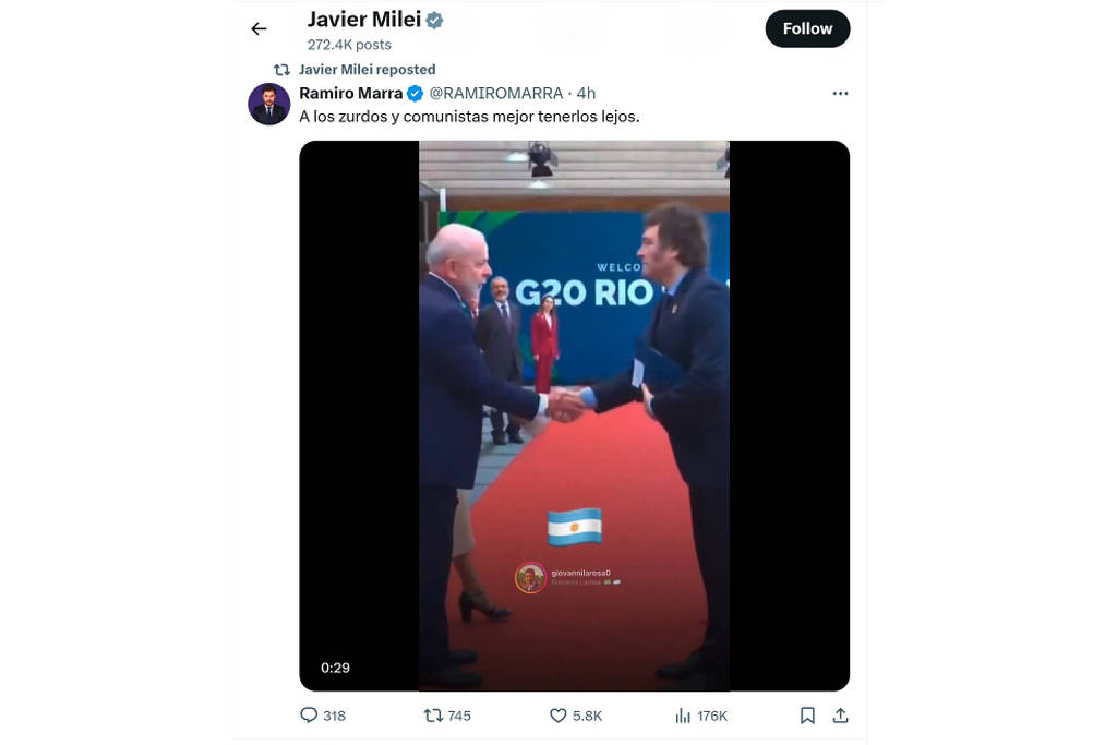 Presidente da Argentina, Javier Milei, compartilha no X post pejorativo sobre Lula