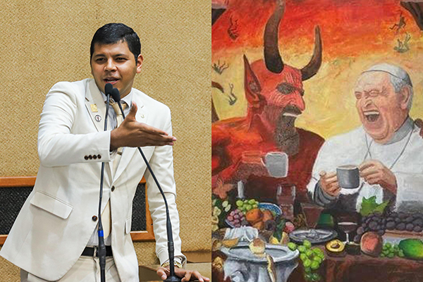 O deputado estadual Diego Castro (PL) e a pintura que retrata o papa Francisco ao lado de uma figura que simboliza o diabo