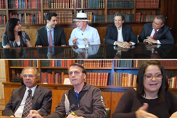 Lula com o novo presidente do BC, Gabriel Galípolo, e ministros; abaixo, Bolsonaro em live de 2020 com Paulo Guedes e intérprete de libras