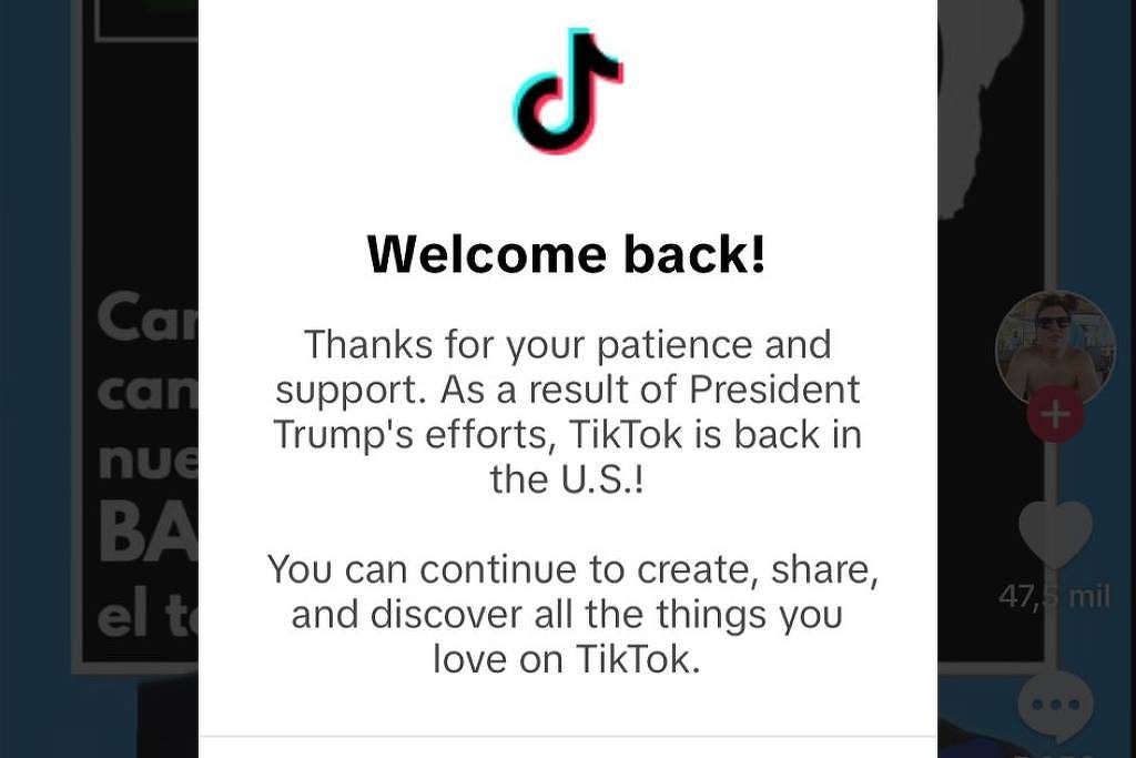 Foto da mensagem enviada pelo TikTok a usuários nos Estados Unidos no dia 19 de janeiro, após ficar fora do ar e voltar a funcionar
