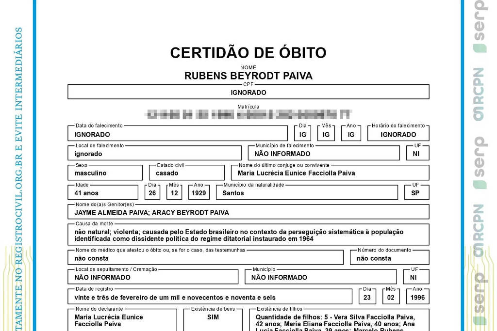 Certidão de Rubens Paiva retificada emitida pelo Cartório da Sé em São Paulo