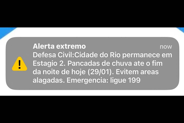 Comunicado emitido pela Defesa Civil do RJ para alerta de temporal 