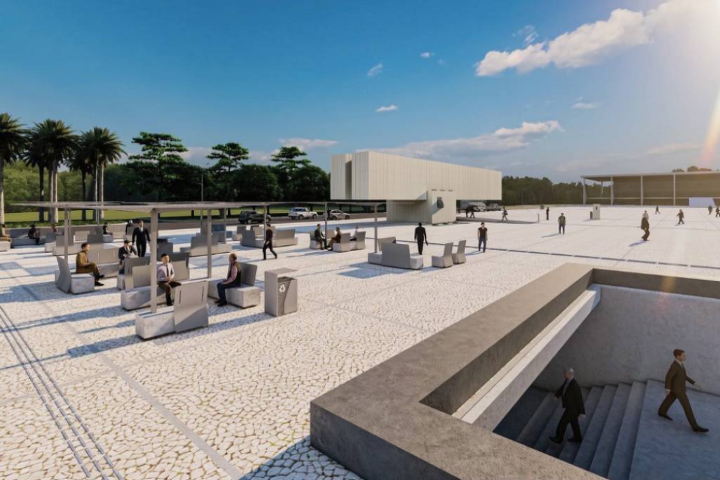 Projeto de restauração da Praça dos Três Poderes elaborado pelo Iphan; proposta prevê bancos e instalações metálicas para criar sombra Projeto de restauração da Praça dos Três Poderes elaborado pelo Iphan; proposta prevê bancos e instalações metálicas para criar sombra
