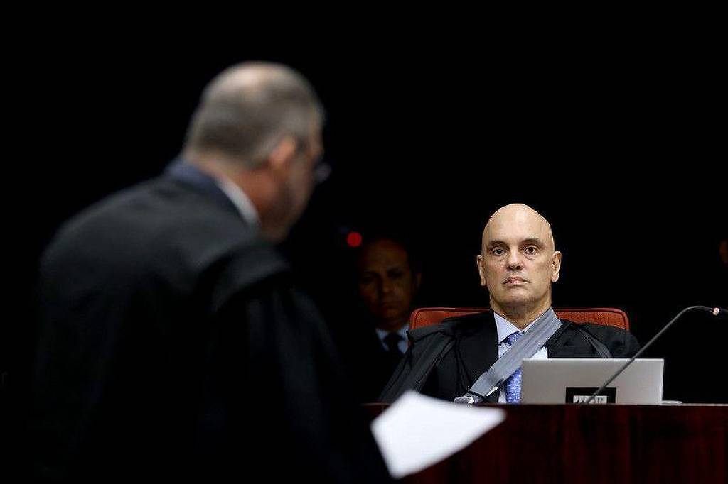 O ministro Alexandre de Moraes, do STF, durante sessão de julgamento sobre a suposta trama golpista