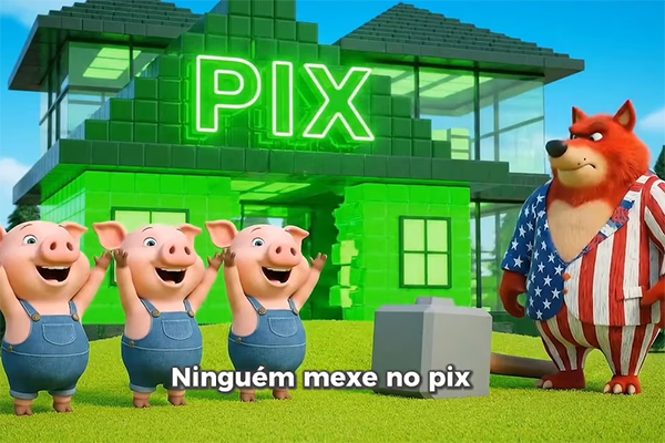 Na peça, o Lobo Mau ataca o Pix e aparece usando uma roupa com a bandeira dos EUA Na peça, o Lobo Mau ataca o Pix e aparece usando uma roupa com a bandeira dos EUA