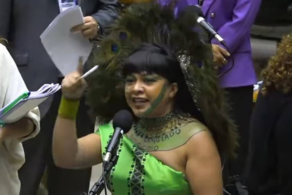 A deputada federal Célia Xakriabá (PSOL-MG) durante discussão em meio à votação do PL do licenciamento ambiental A deputada federal Célia Xakriabá (PSOL-MG) durante discussão em meio à votação do PL do licenciamento ambiental