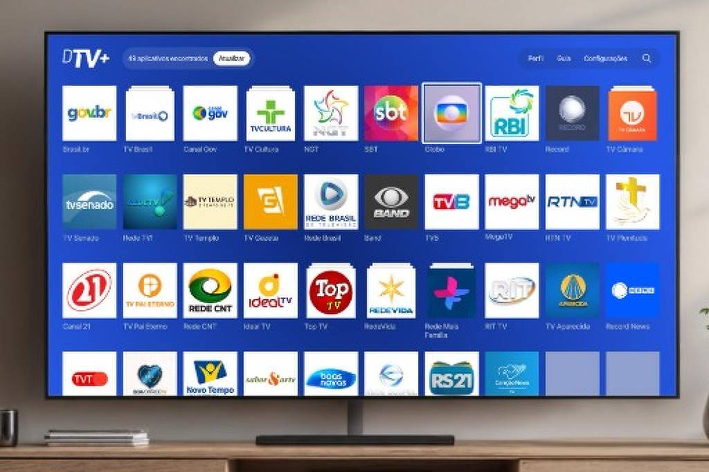 Simulação de uma tela inicial da TV 3.0, com os canais dispostos como aplicativos; serviços do governo estarão disponíveis Simulação de uma tela inicial da TV 3.0, com os canais dispostos como aplicativos; serviços do governo estarão disponíveis