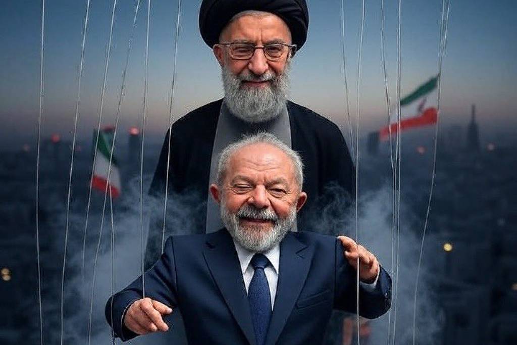 Imagem feita por inteligência artificial mostra o presidente brasileiro retratado como uma marionete do líder supremo do Irã, aiatolá Ali Khamenei Imagem feita por inteligência artificial mostra o presidente brasileiro retratado como uma marionete do líder supremo do Irã, aiatolá Ali Khamenei